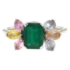 Handcraft Colombian Emerald 18 Karat White Gold Sapphires Cocktail Ring