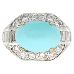 Vintage Handcraft Turquoise 18 Karat White Gold Diamonds Cocktail Ring