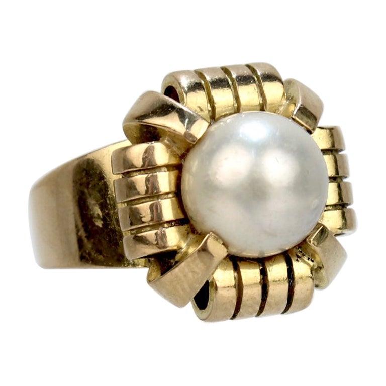 Antique French Art Deco 18 Karat Gold & Pearl Cocktail Ring For Sale