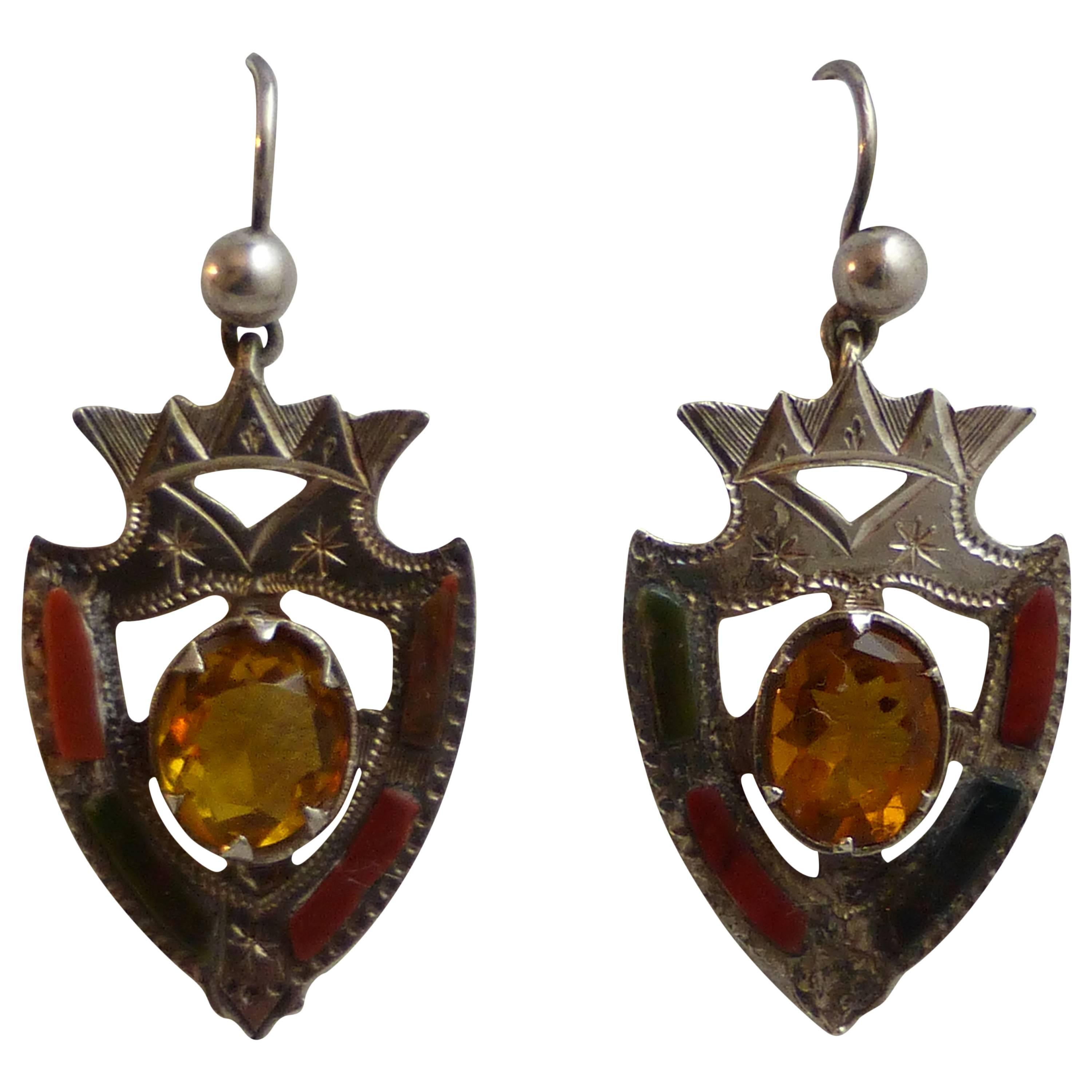 Victorian Sterling Silver-Mounted Scottish Agate Shield-Form Hanging Earrings