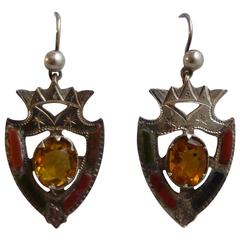 Antique Victorian Sterling Silver-Mounted Scottish Agate Shield-Form Hanging Earrings