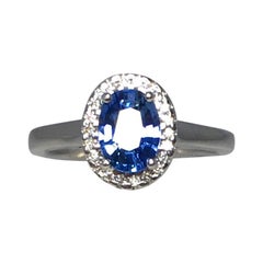 Vivid Blue 1.22 Carat Ceylon Sapphire and Diamond 18 Karat White Gold Halo Ring