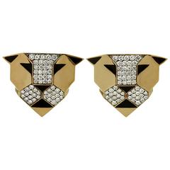 1990s Bulgari Enigma Black Enamel Diamond Gold Lion Earrings