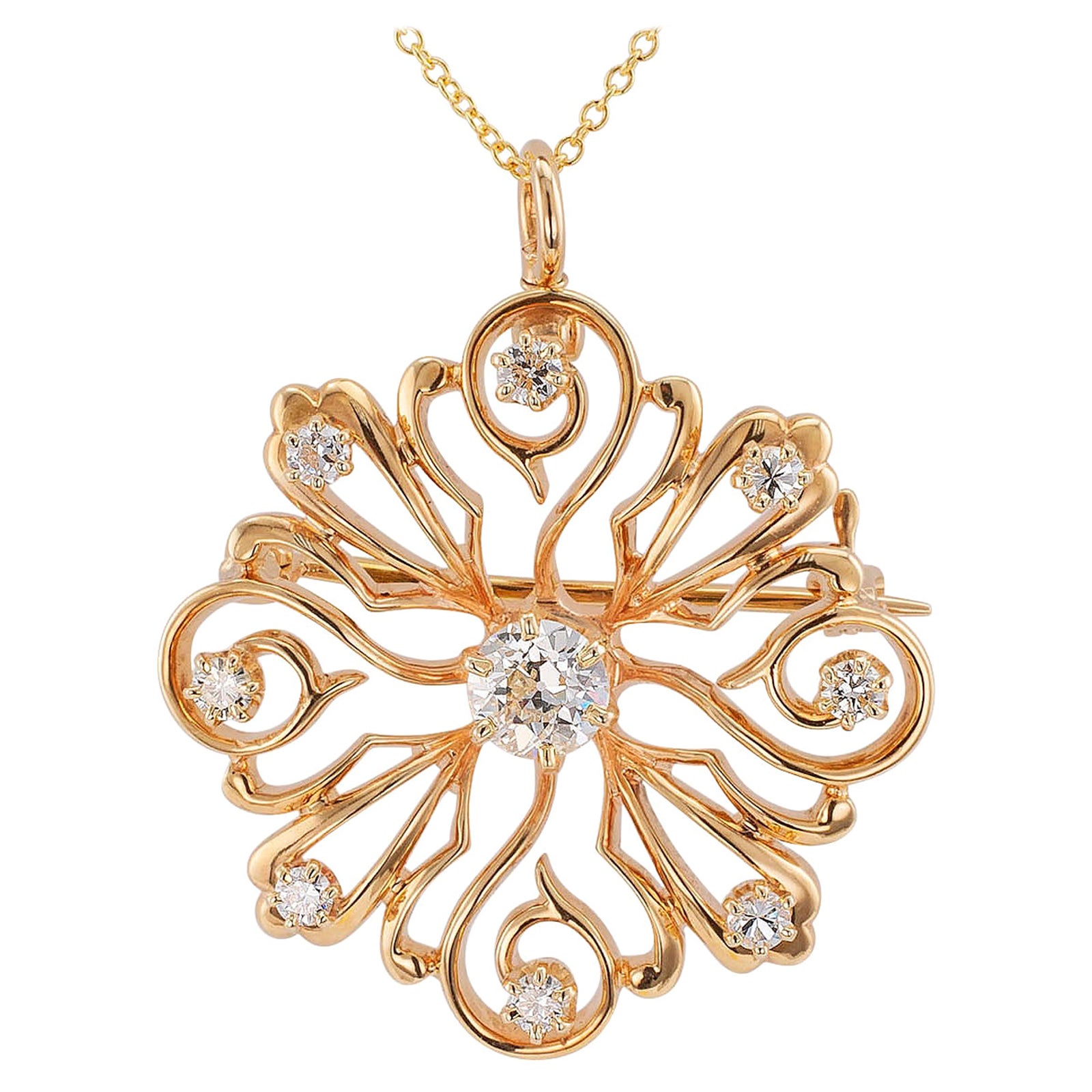Stunning Diamond Gold Platinum Sunburst Pendant Brooch For Sale at 1stDibs