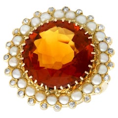 Vintage 13.46 Carat Citrine and Diamond Pearl and Yellow Gold Cocktail Ring
