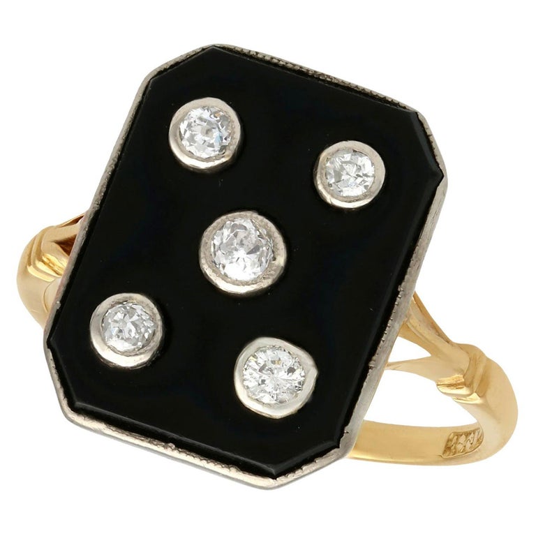 Antique Onyx Diamond Yellow Gold Cocktail Ring For Sale at 1stDibs