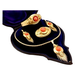 Antique Victorian 20.25Ct Coral and Diamond, 22k Yellow Gold Jewellery Set