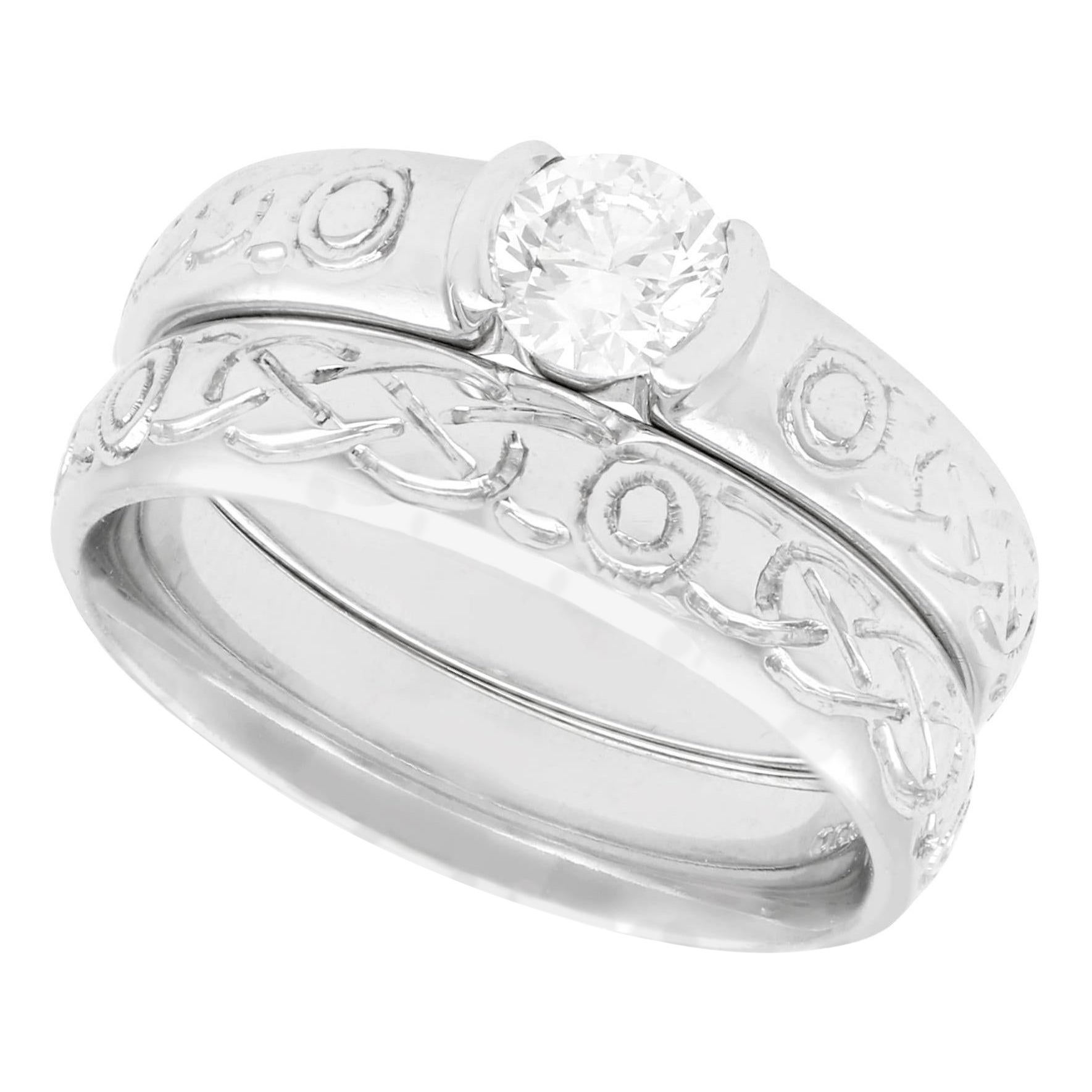 Diamond and White Gold Celtic Style Solitaire Ring and Wedding Band Set For Sale