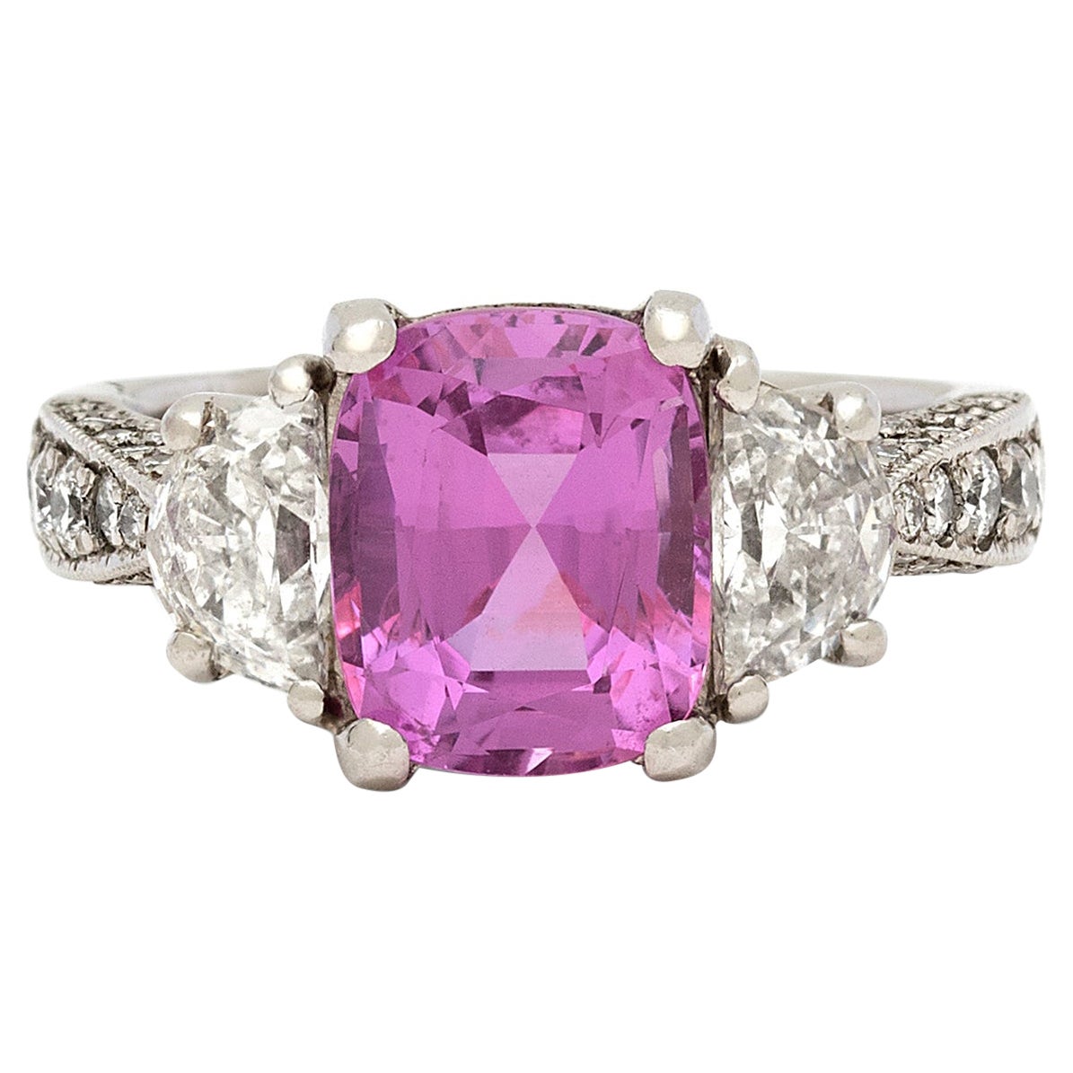 GIA 3.34 Carat Unheated Pink Sapphire & Diamond Platinum Ring For Sale