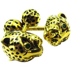 David Webb Enamel Emerald Gold Leopard Cufflinks