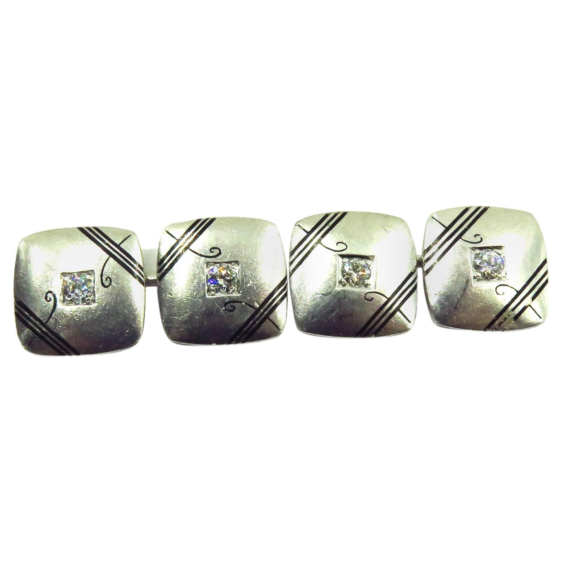 Elegant Art Deco Enamel Diamond Platinum Double-Sided Cufflinks For Sale