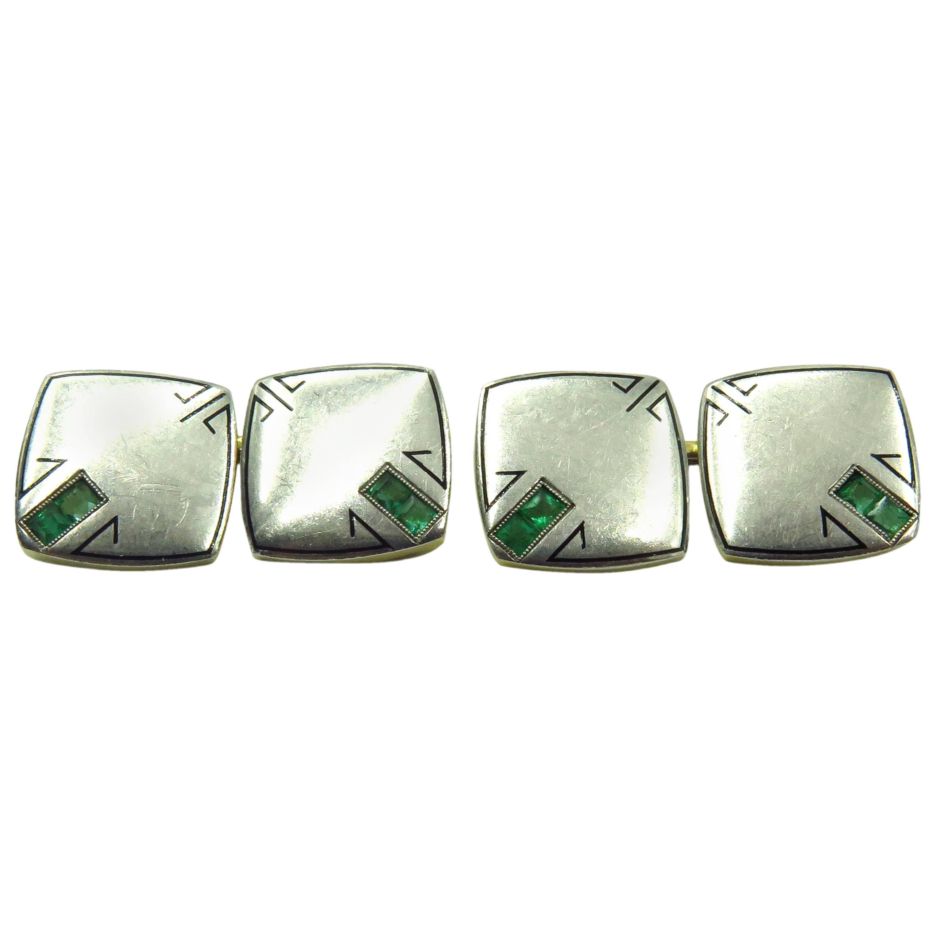 Arts and Crafts Period Enamel Emerald Gold Platinum Early Double Sided Cufflinks