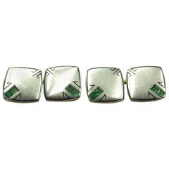 Antique Arts and Crafts Period Enamel Emerald Gold Platinum Early Double Sided Cufflinks