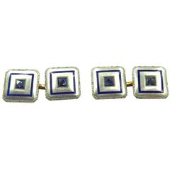 Elegant 1920s Sapphire Enamel Diamond Gold Platinum Double Sided Cufflinks