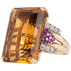 Citrine Gold Cocktail Ring with Rubies and Diamonds, Circa 1950s