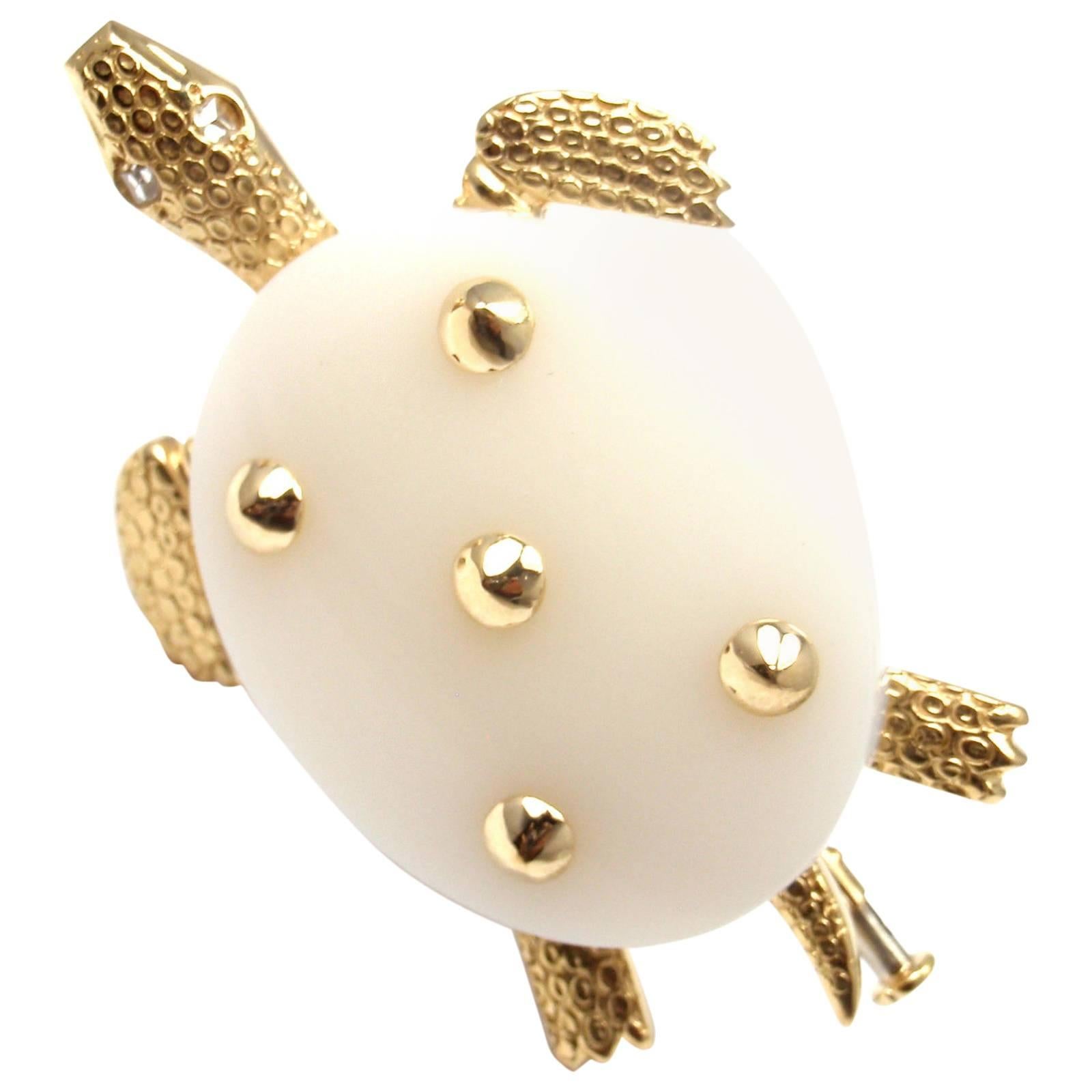 Cartier Paris White Chalcedony Diamond Gold Turtle Brooch