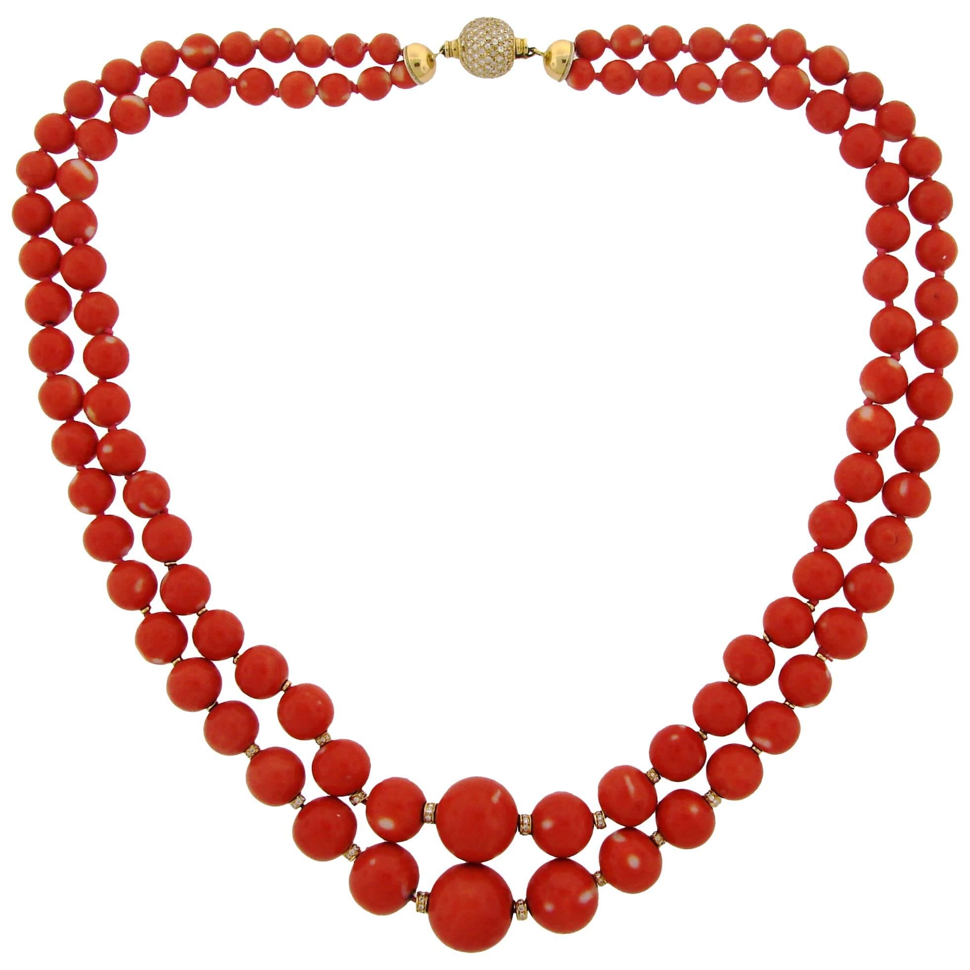 c.1970s Coral Bead Necklace with Diamond & Yellow Gold Clasp by SALAVETTI