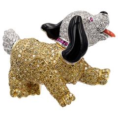 Adorable Onyx Ruby Yellow Diamond Platinum Cocker Spaniel Brooch 8