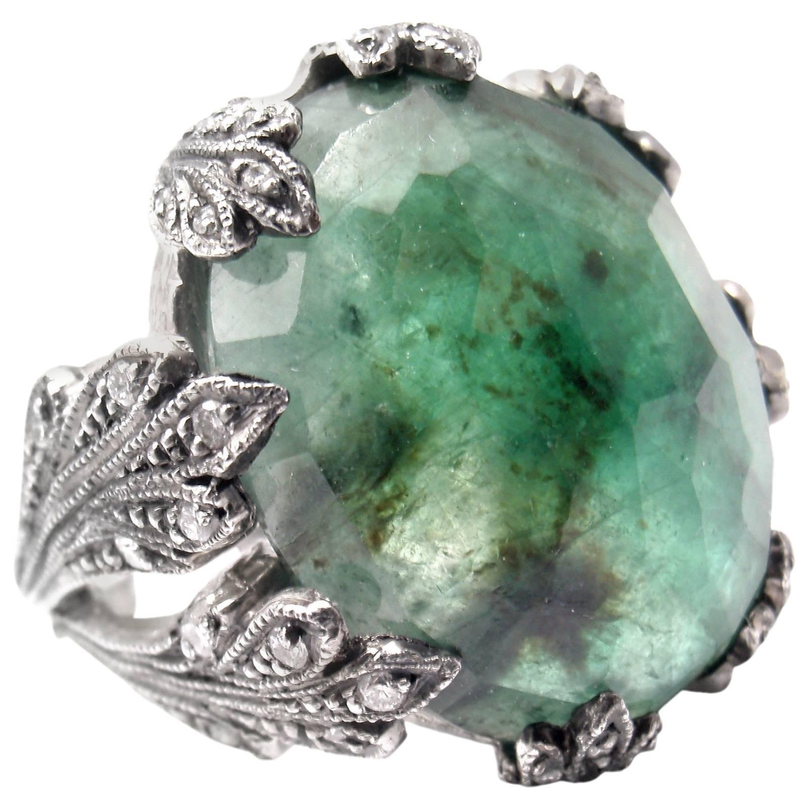 Cathy Waterman Large Emerald Diamond Platinum Cocktail Ring