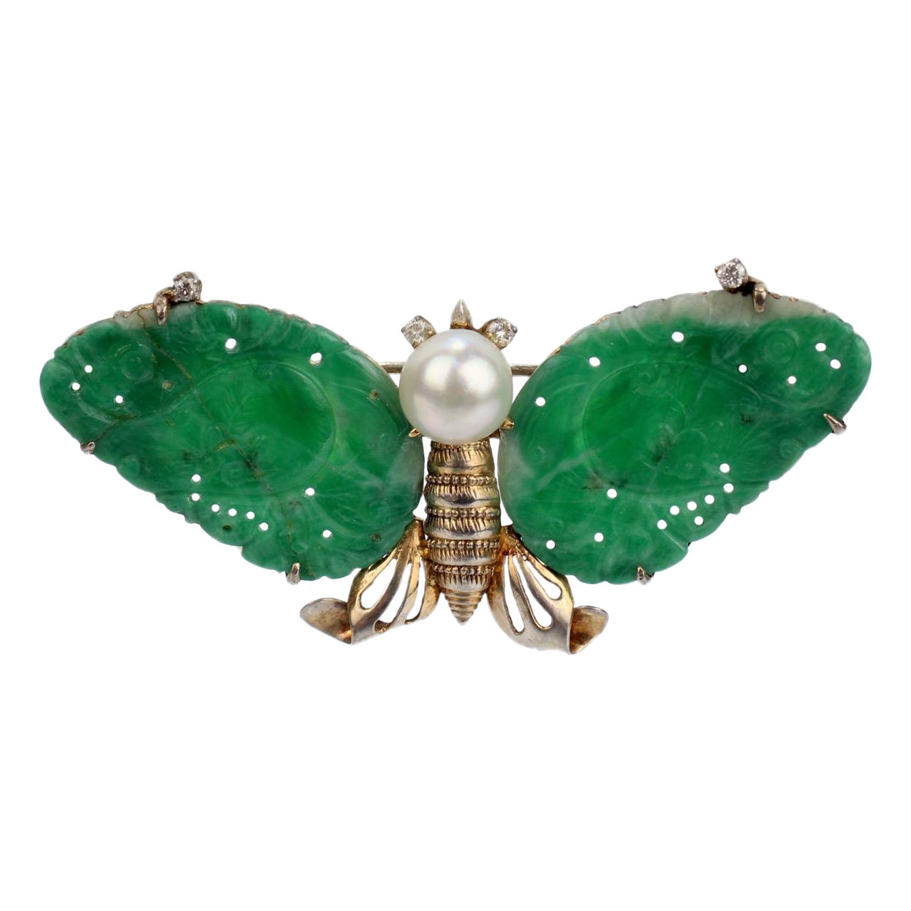 Carved Chinese Jade, 14 Karat Gold, & Pearl Figural Butterfly Brooch Pin For Sale