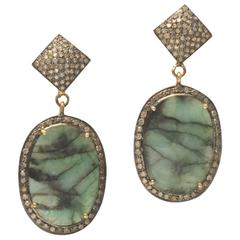 Large Rosecut Emerald Diamond Silver Gold Dangle Earrings Large Rosecut Emerald Diamond Silver Gold Dangle Earrings