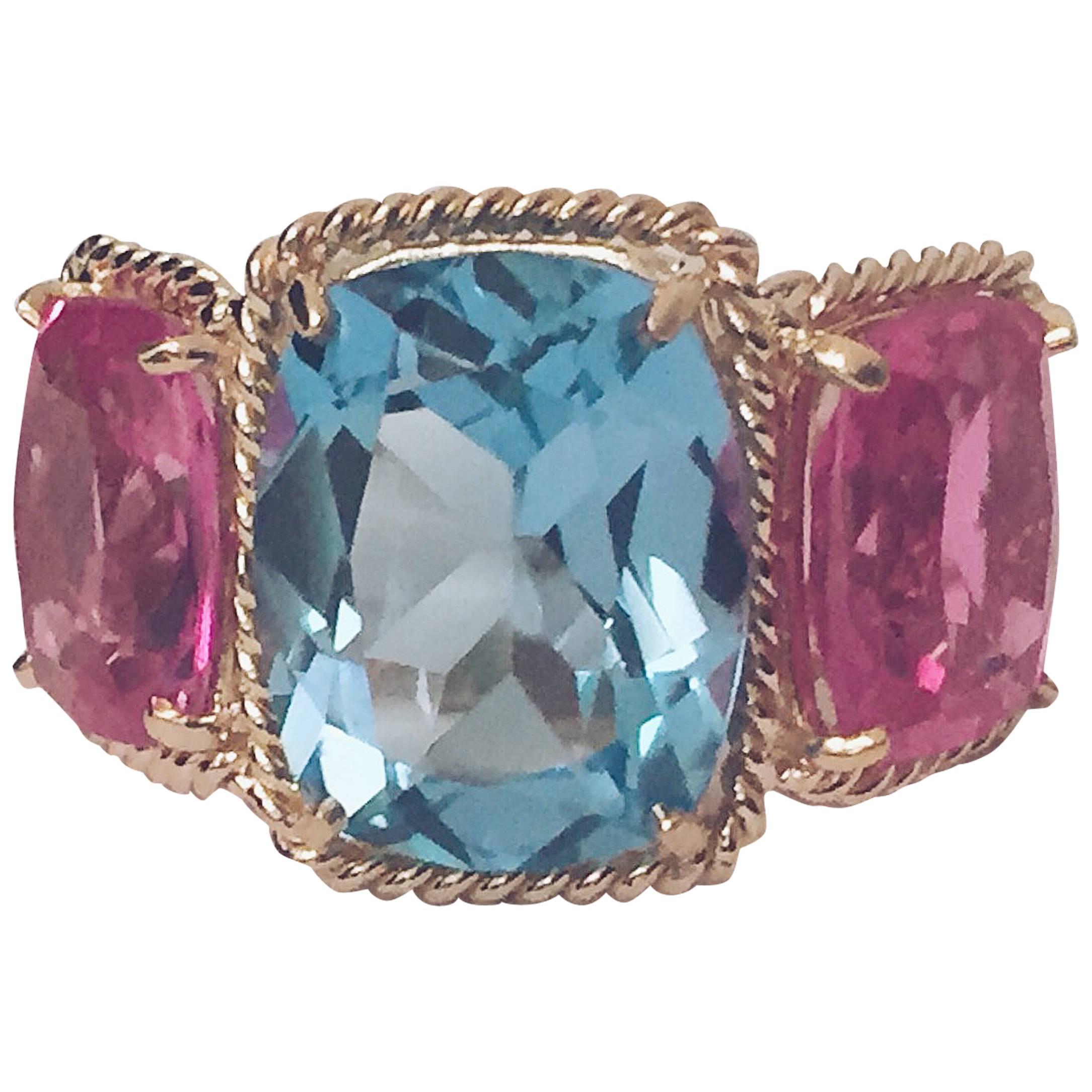 Blue and Pink Topaz Gold Three Stone Ring with Rope Twist Border