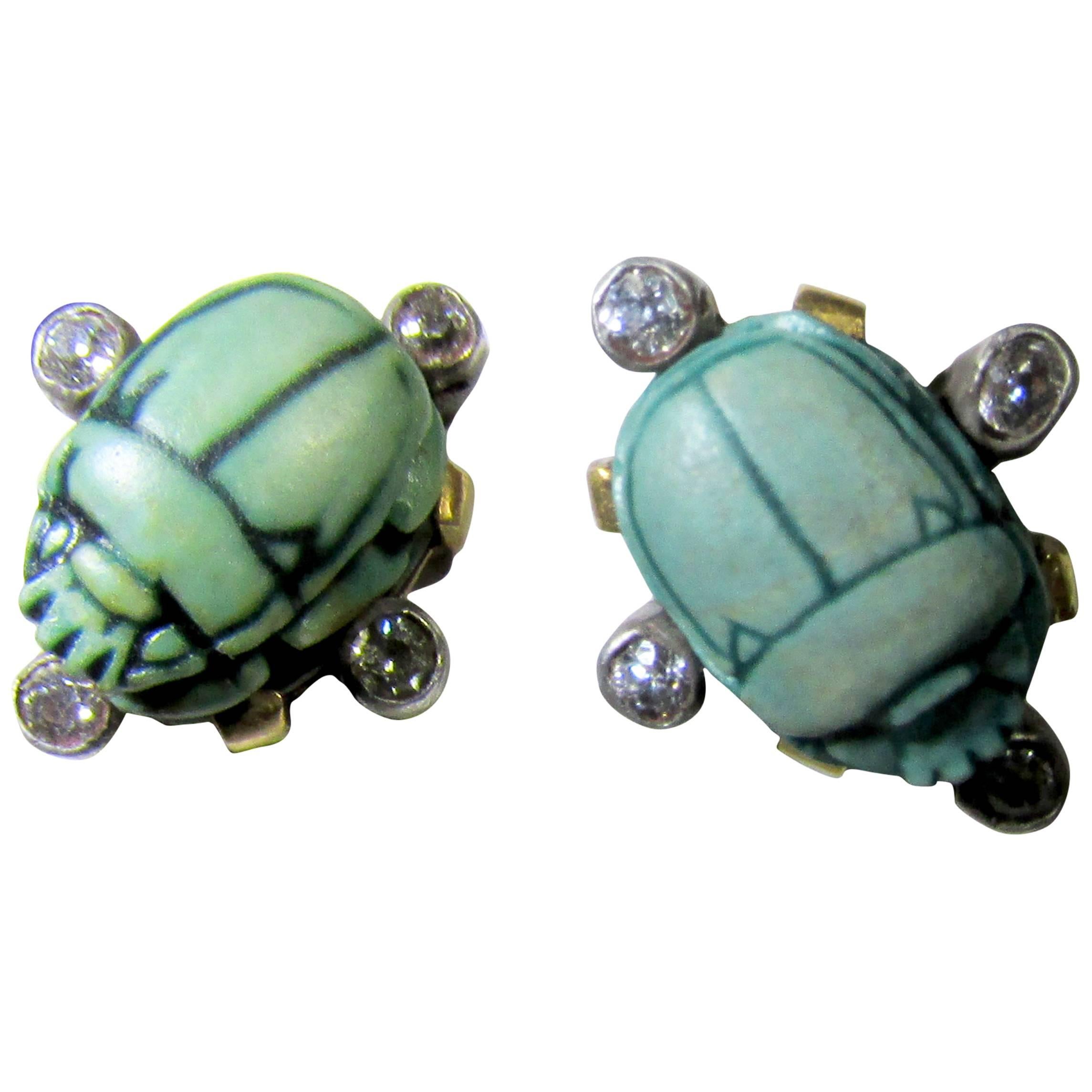 Victorian faience diamond Gold scarab earrings