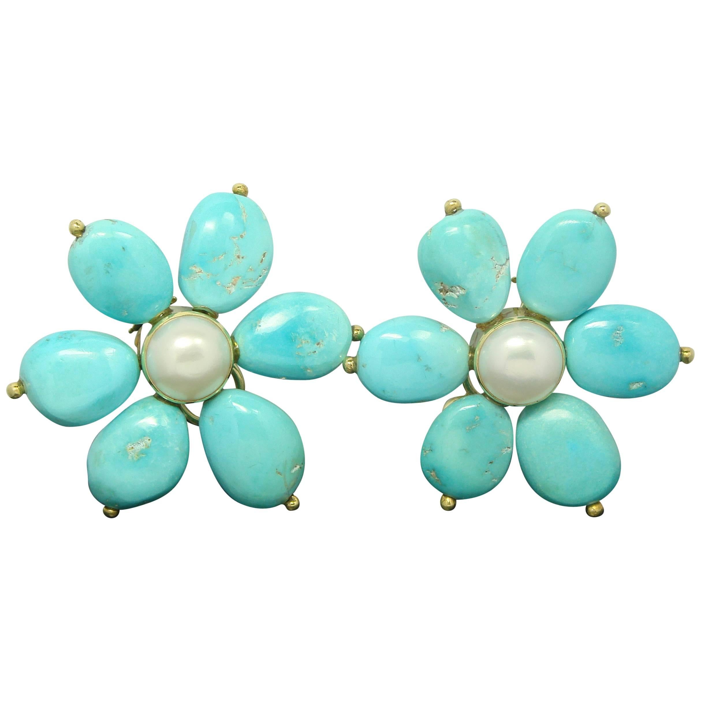 Turquoise pearl Gold Earrings For Sale