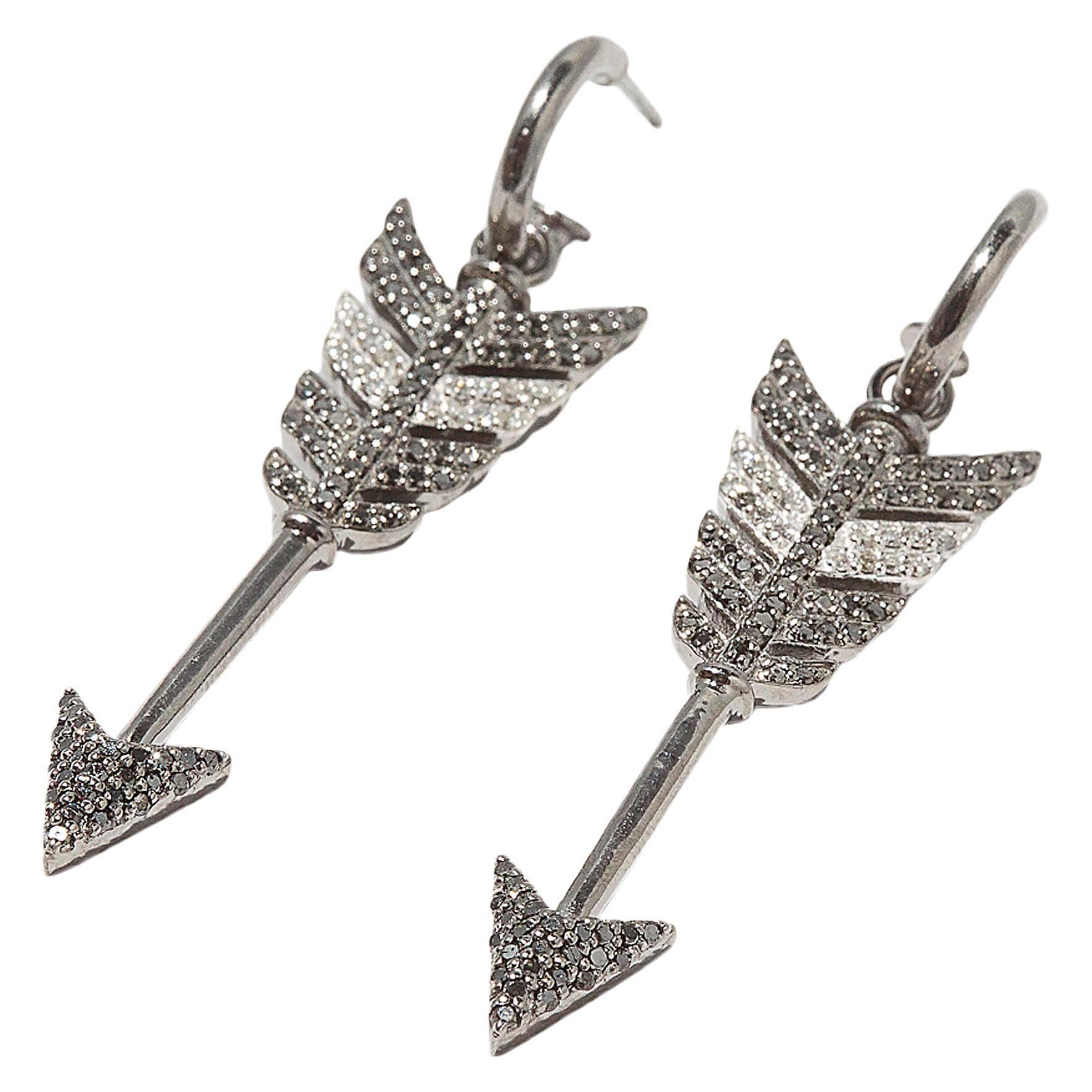 Large Black Diamond Rhodium Silver Arrow Earrings For Sale