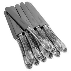 Henin Incredible French Sterling Silver Dinner Knife Set 12 pc Mascaron