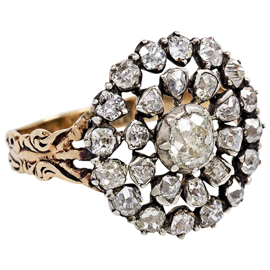 English Antique Diamond Silver Gold Cluster Ring