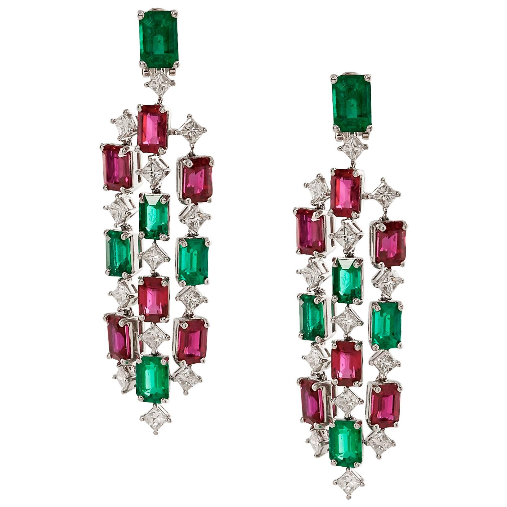 Emerald & Ruby Chandelier Earrings with Diamonds For Sale