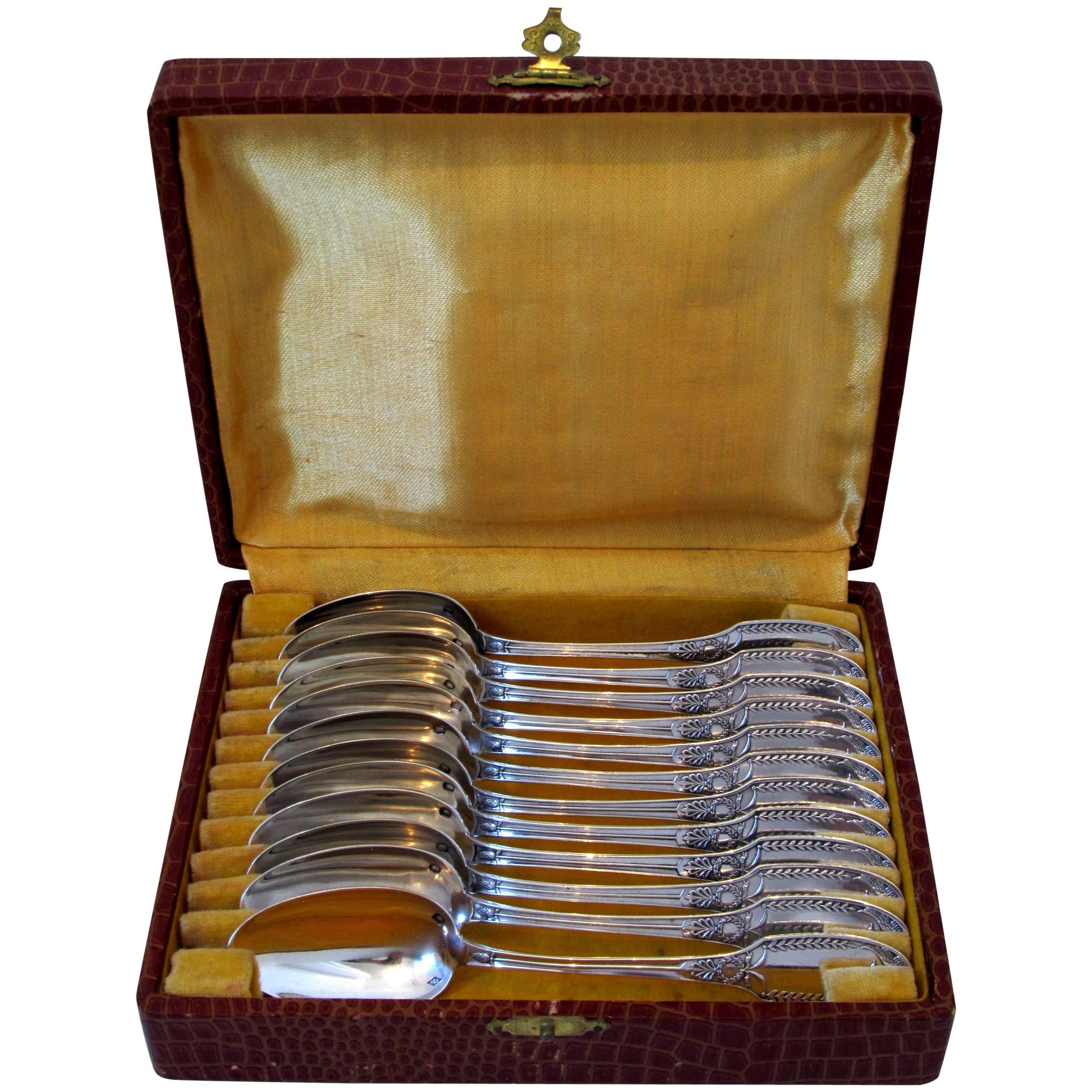 Puiforcat Rare French Sterling Silver Tea or Coffee Spoons Set 12 pc box Swans