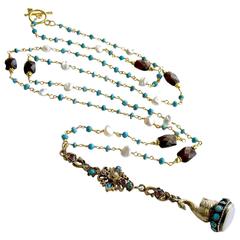 Turquoise Garnet Keshi Pearls Austro Hungarian Swan Fob Necklace