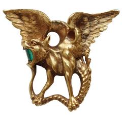 Antique Magnificent Emerald Gold Griffin Brooch 