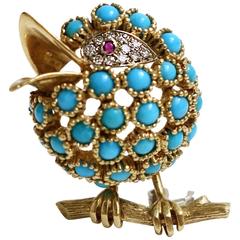 Turquoise Ruby Diamond Gold Bird Brooch Pin