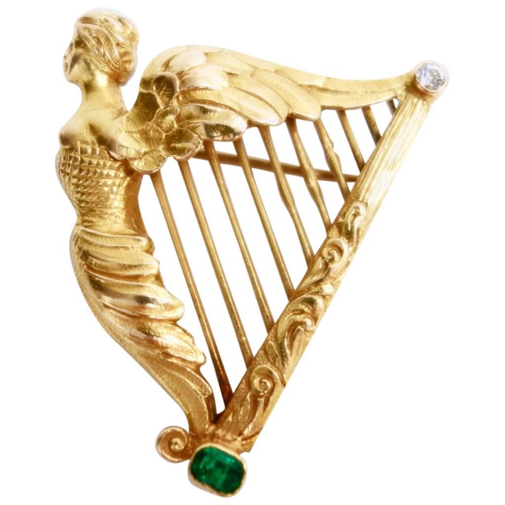 Emerald Diamond Gold Large Coat of Arms of Ireland Harp Brooch For Sale