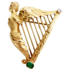 Emerald Diamond Gold Large Coat of Arms of Ireland Harp Brooch