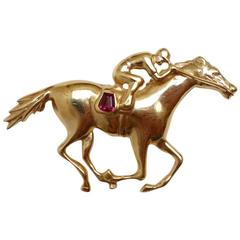 Pink Sapphire Gold Large Horse and Jockey Brooch 