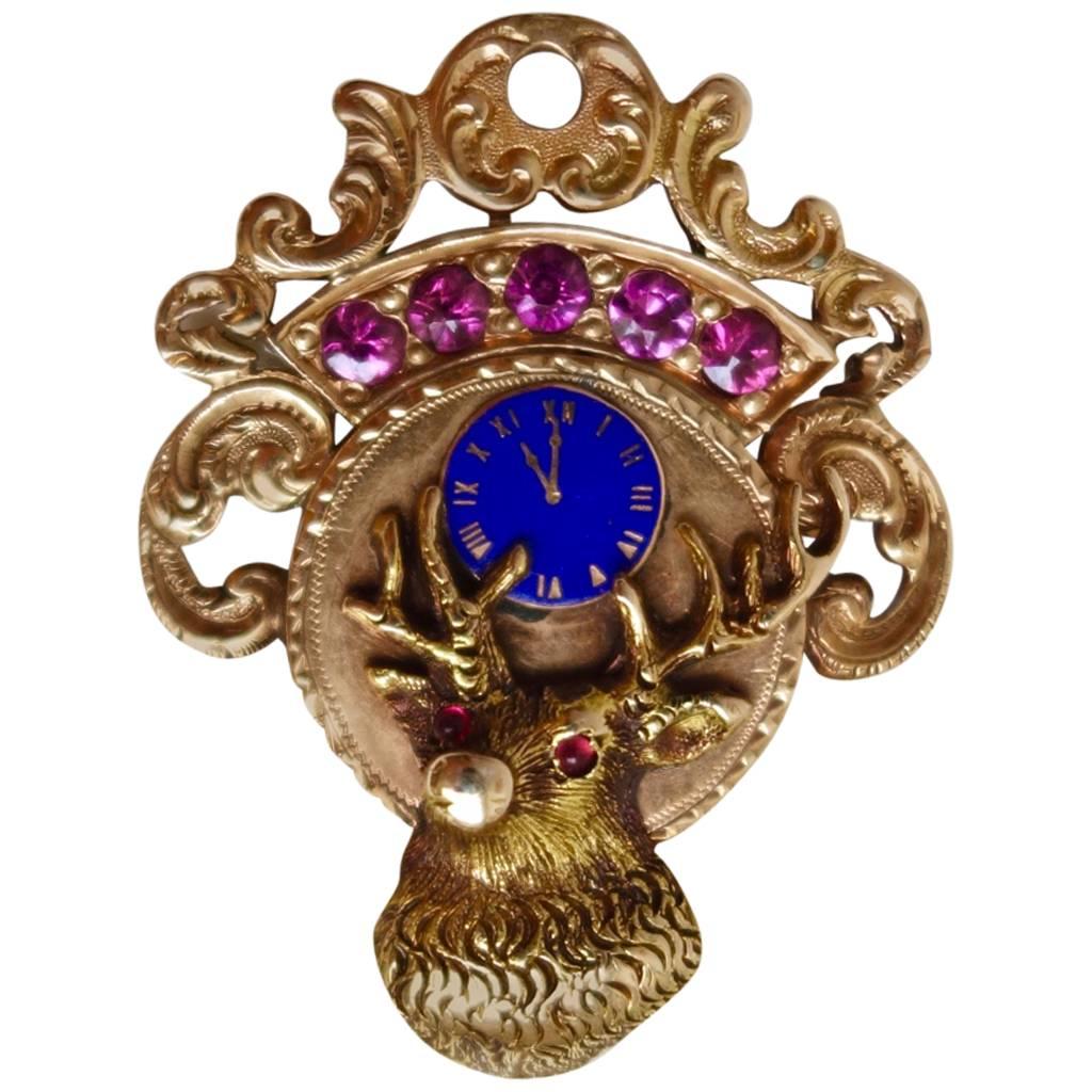 Elks Lodge Pink Sapphire, Enamel and Yellow Gold Large Pendant For Sale