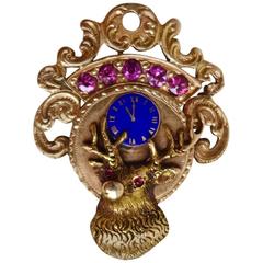 Elks Lodge Pink Sapphire, Enamel and Yellow Gold Large Pendant