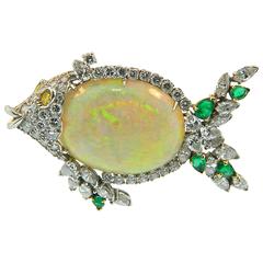 1960s McTeigue Emerald Diamond Platinum Opal Bodied Fish Brooch