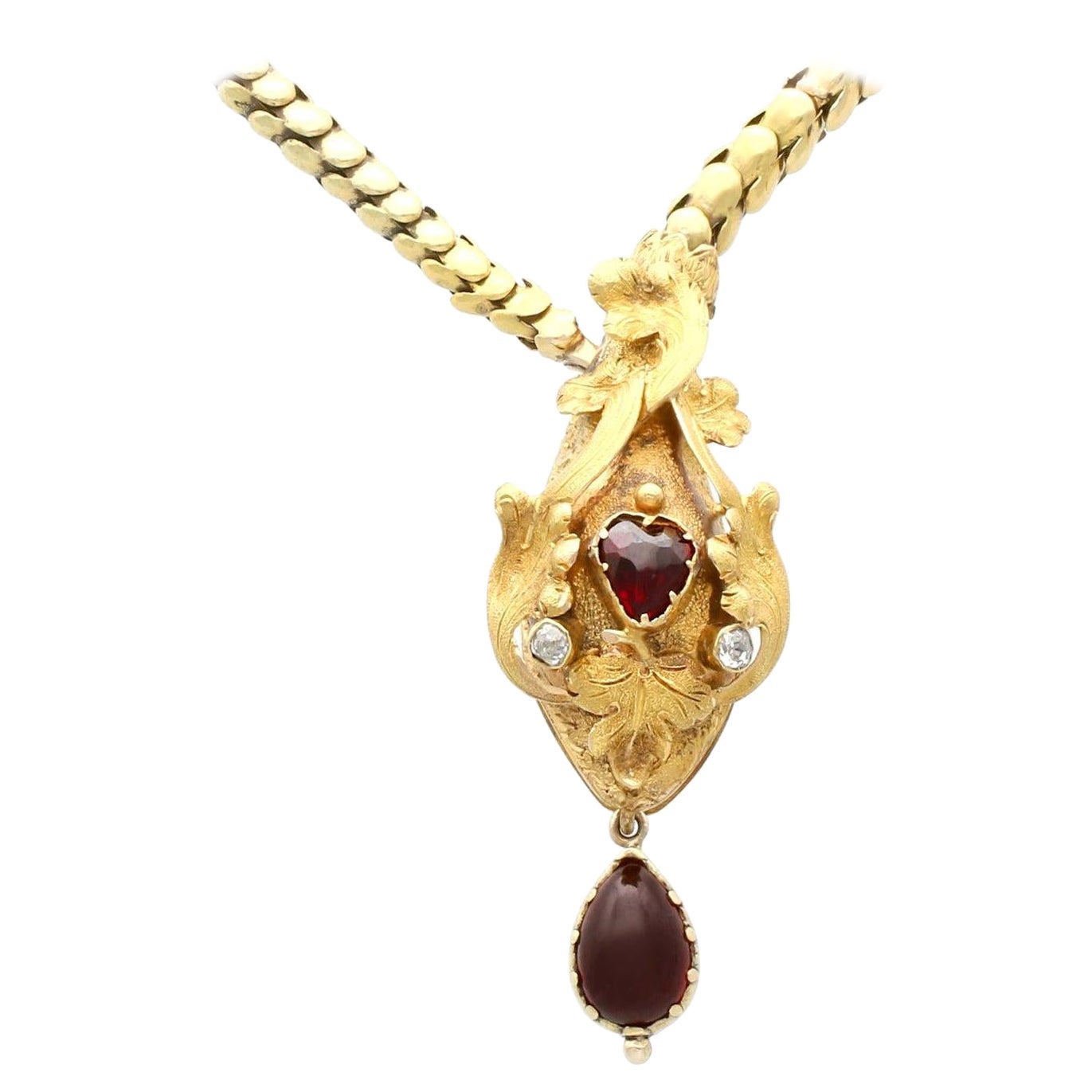 Victorian 3.06 Carat Garnet and Diamond Yellow Gold Snake Necklace For Sale