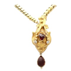 Antique Victorian 3.06 Carat Garnet and Diamond Yellow Gold Snake Necklace