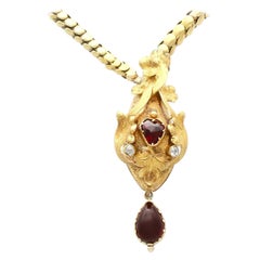 Victorian 3.06 Carat Garnet and Diamond Yellow Gold Snake Necklace
