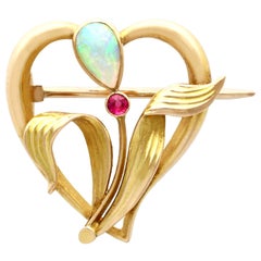 Antique Art Nouveau Opal and Ruby Yellow Gold Brooch, Circa 1910