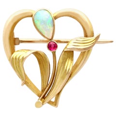 Antique Art Nouveau Opal and Ruby Yellow Gold Brooch, Circa 1910