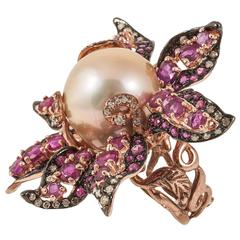 Bloomed Ruby & pink South-Sea Pearl Ring