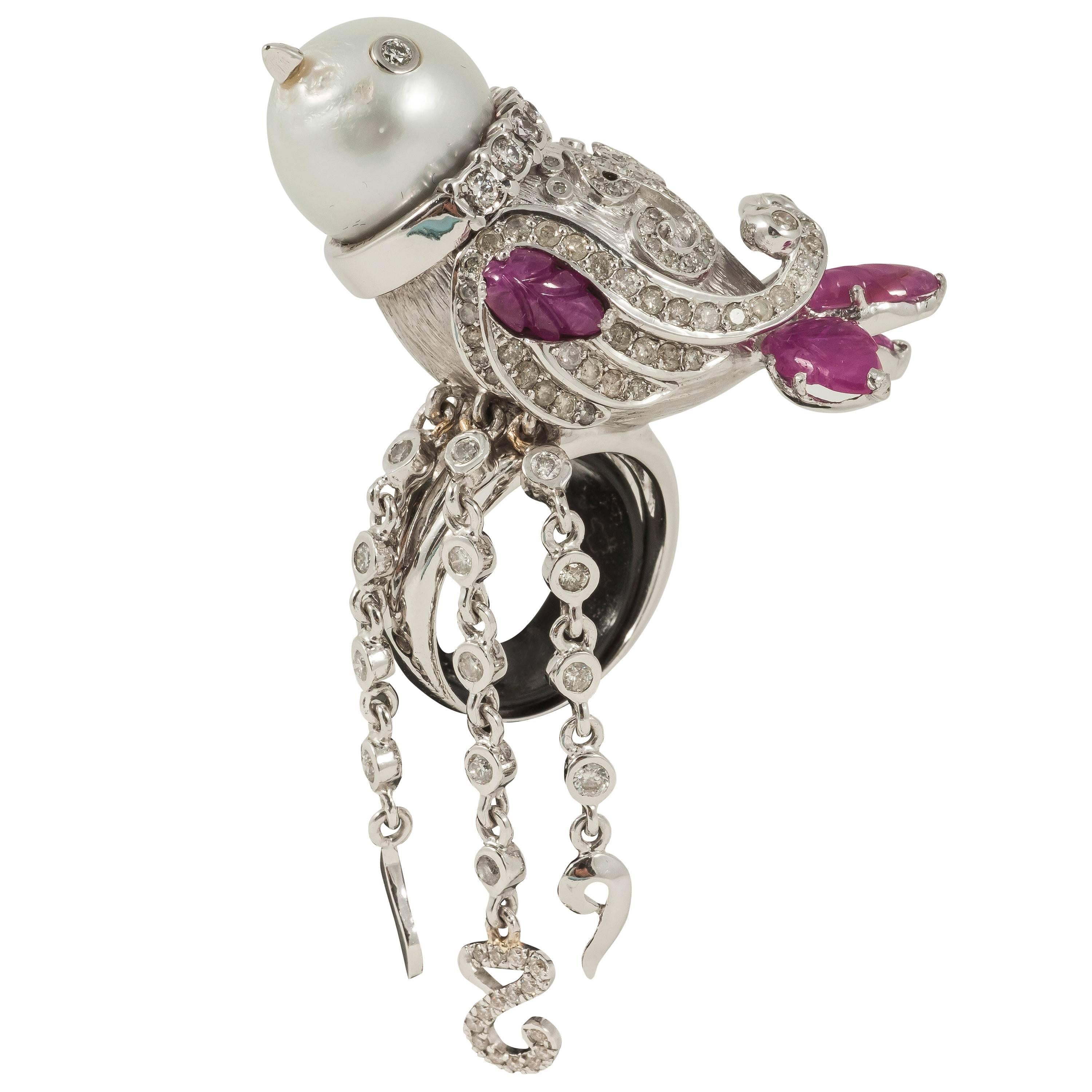 Sufi-inspired Pearl Ruby Diamond Gold Bird cocktail ring For Sale