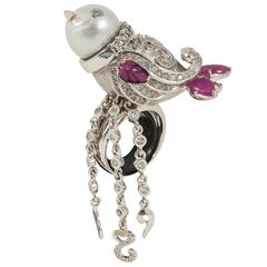 Sufi-inspired Pearl Ruby Diamond Gold Bird cocktail ring